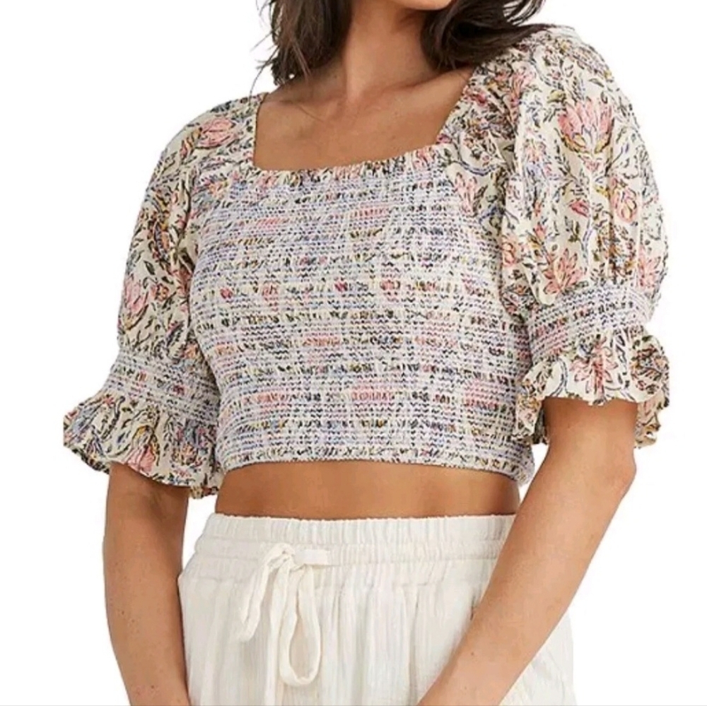 Talisman Square Neck Lotus Floral Print Smocked Firelight Cropped Top S
